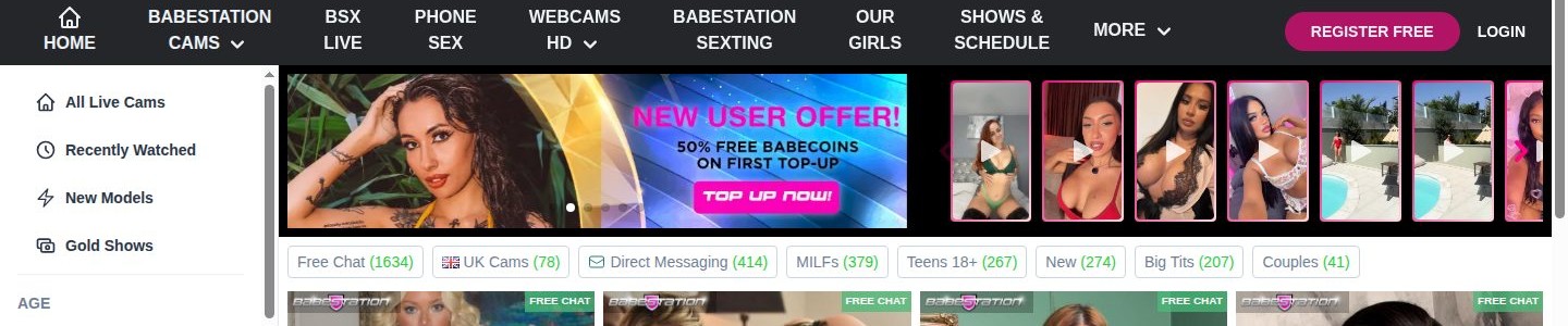 Navigation und Registrierung auf der BabeStation-Startseite.